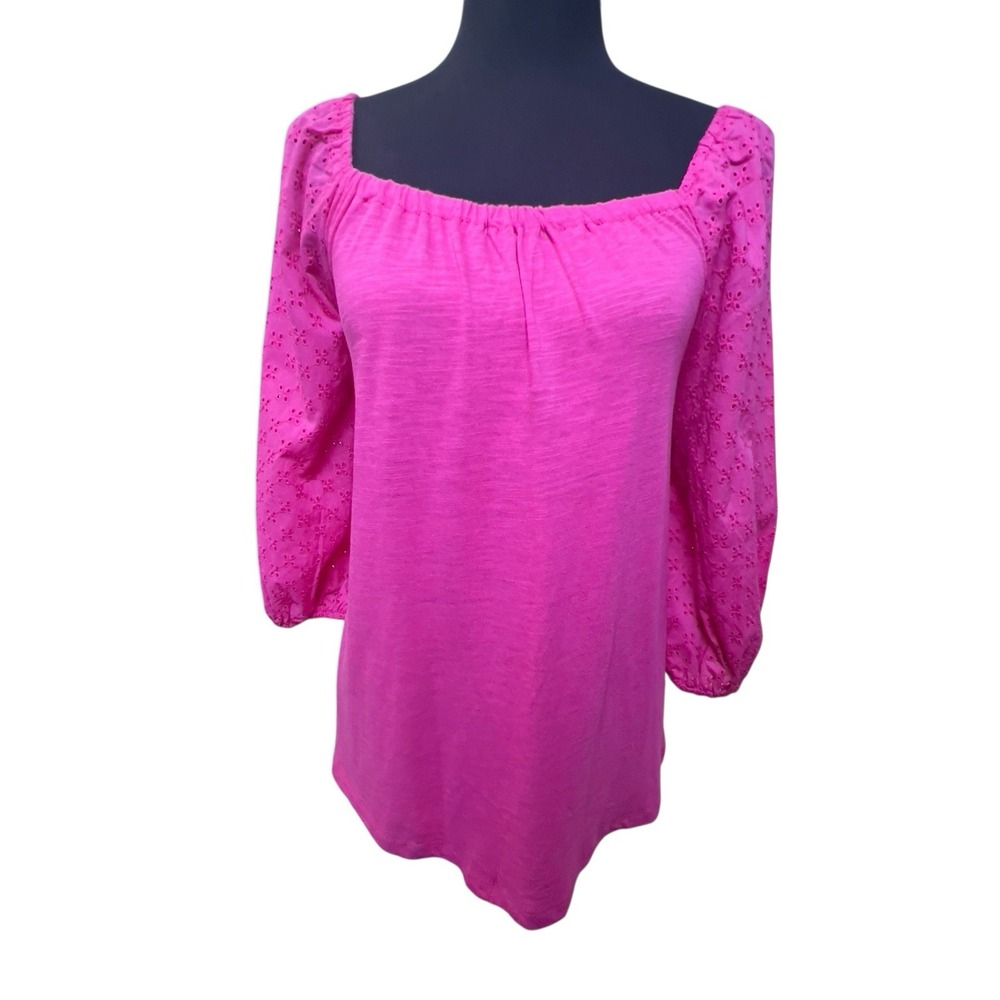 Sanctuary Eyelet 3/4 Puff Sleeve Top Size XL Fuchsia Tunic Style XT2450K6 Casual - Picture 9 of 9